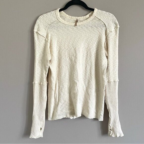 Pete Collection Ivory Slubbed Cotton Long Sleeve Knit Top - M 🇺🇸 - Picture 10 of 12